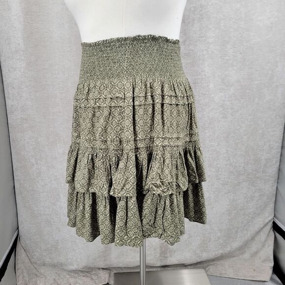Lauren Ralph Lauren Olive Tiered Ruffle Swing Skirt Smocked Waist Prarie Boho - Picture 5 of 9